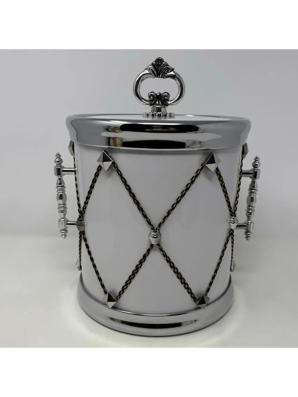 VTG Ice Bucket with Lid Snare Drum MCM Barware White & Silver Design Bar Ware